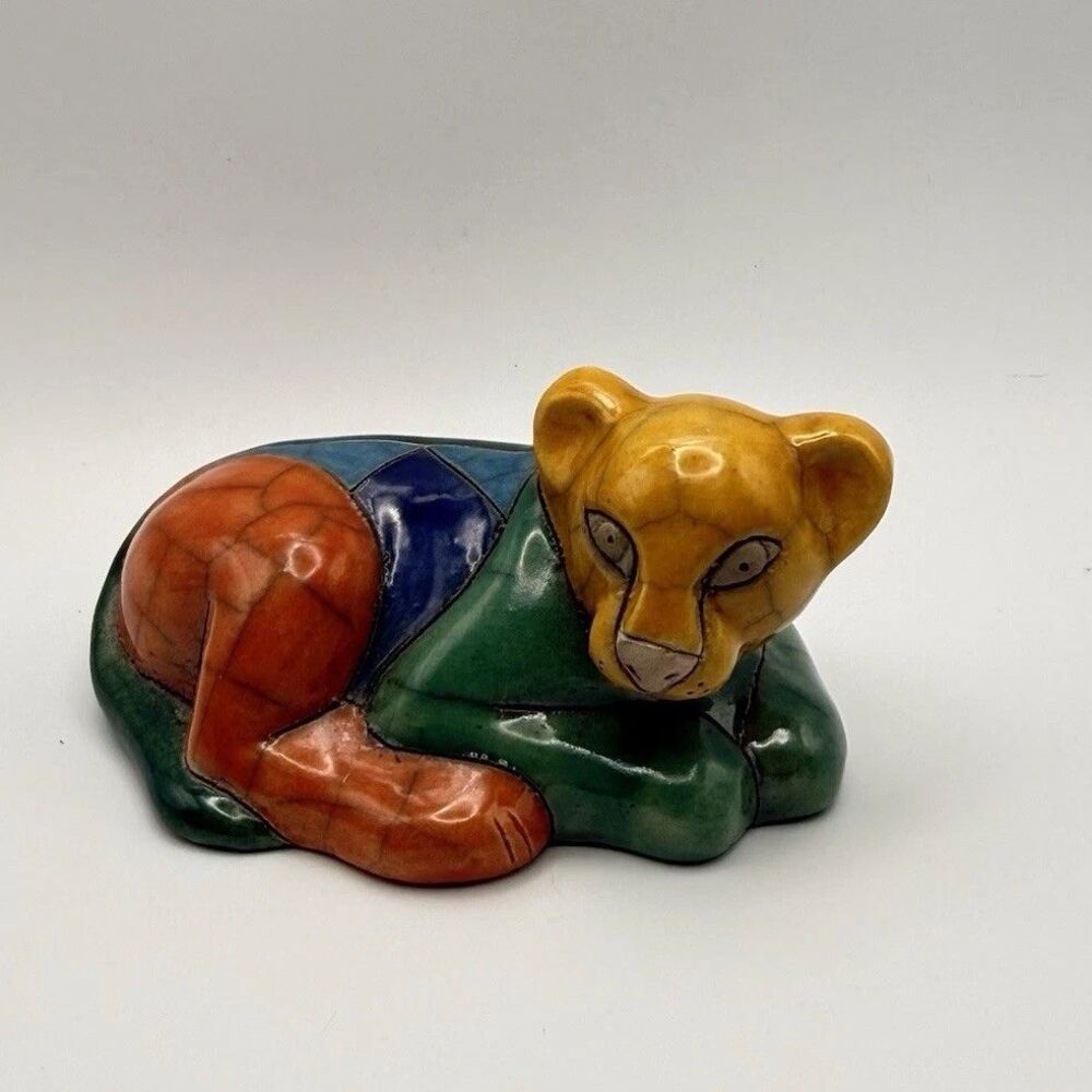 Vintage Fenix Raku Pottery Lion Cub / Leopard Handmade South Africa - Signed BV